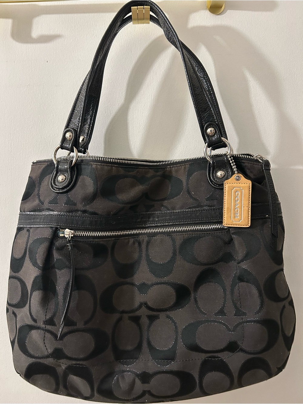 Coach Poppy Black Signature Sateen Glam Tote Bag 18979